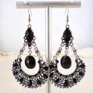 Drop Earrings Black & Silver Tone 3.5" Gypsy Boho Style Filigree NOC New Perfect